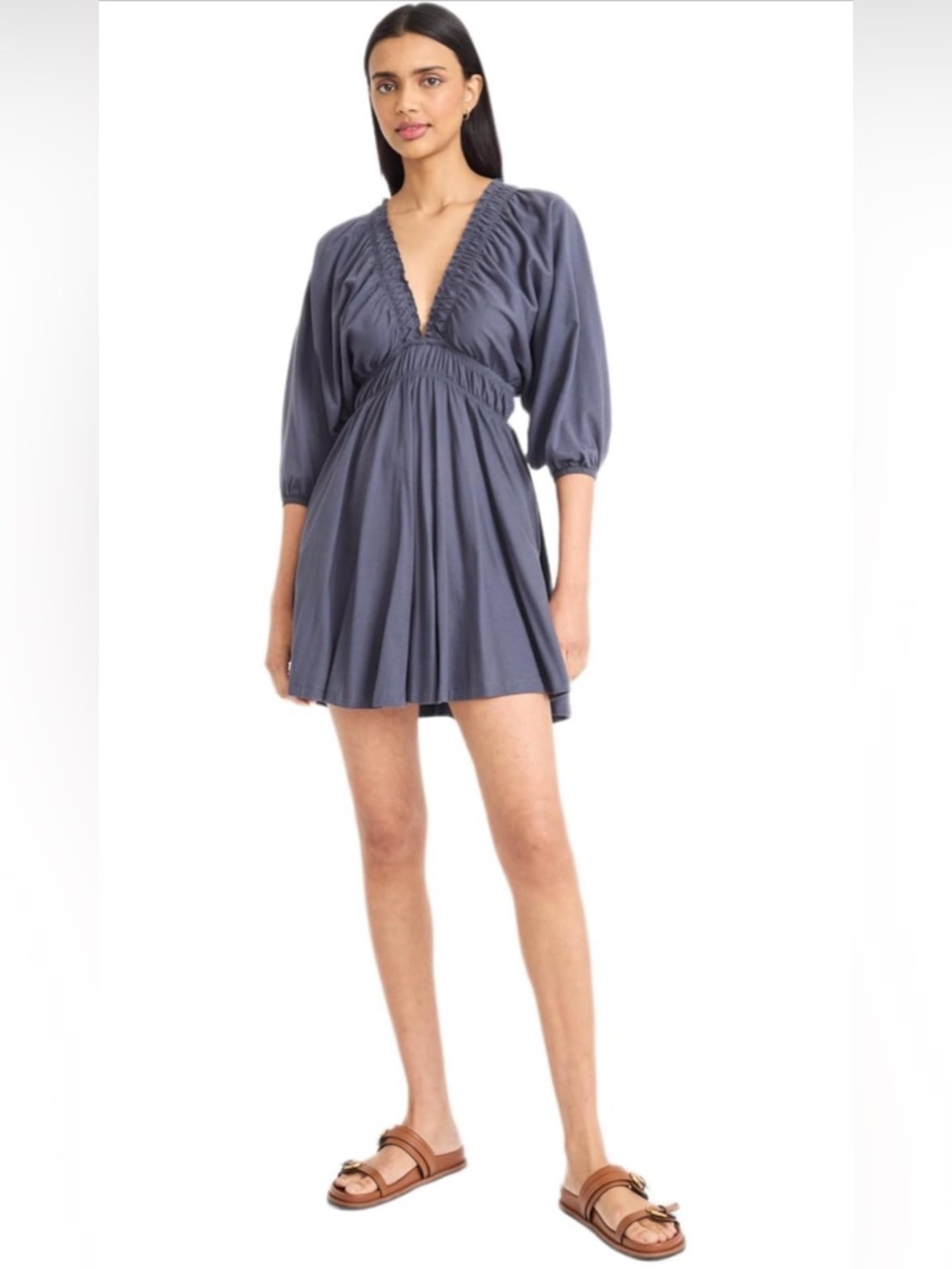 The Good Journey Women's V-Neck 3/4 Sleeve Empire Waist Ruffle Tie Back Dress